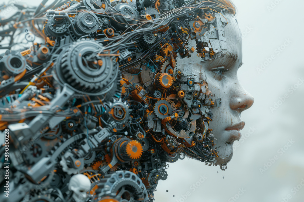 Aufkleber surreal depiction of a metallic figure with its form transforming into gears and cogs, on a light gr