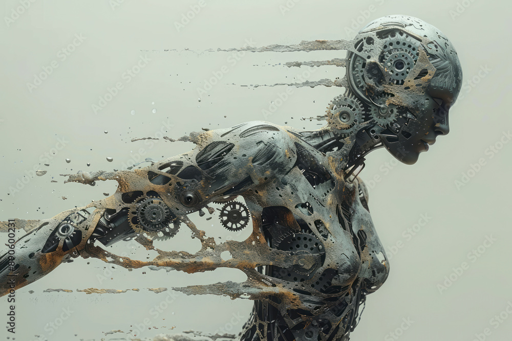 Poster surreal depiction of a metallic figure with its form transforming into gears and cogs, on a light gr
