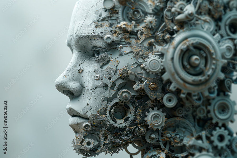 Poster surreal depiction of a metallic figure with its form transforming into gears and cogs, on a light gr