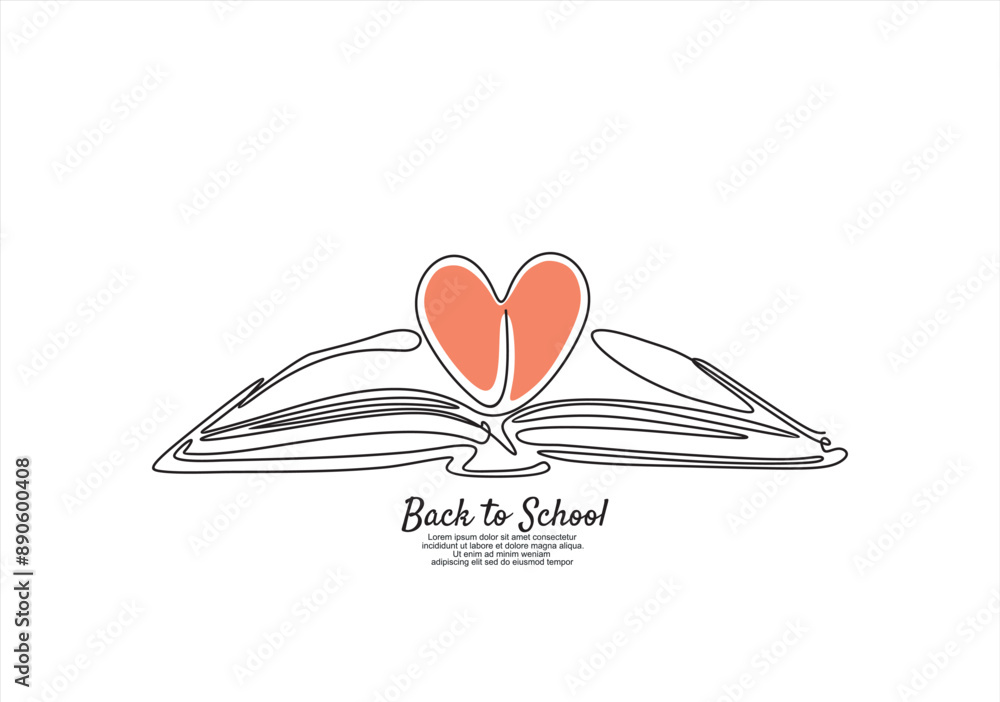 Poster open book and heart, continuous line vector illustration. one line vector drawing of a book and a he