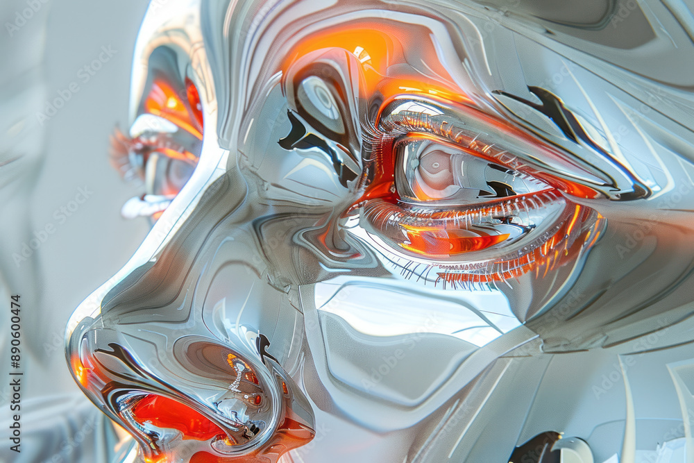 Poster abstract image of a metallic figure with a kaleidoscope effect, its form duplicated and mirrored, ag