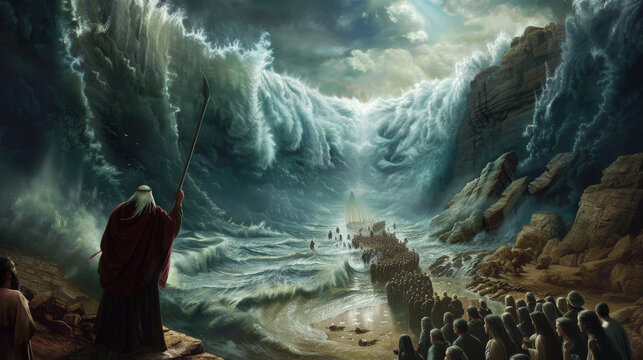 The parting of the Red Sea with towering walls of water on either side, and the Israelites crossing on dry ground, led by Moses holding his staff high.