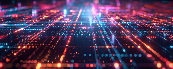 Obraz premium Digital technology illustration with a square grid, crisscrossing lines, and illuminated dots, symbolizing modern tech networks and data flow.