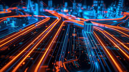 A digital cityscape with neon blue and orange lines forming the structures of buildings and the layout of roads. The bright lines illuminate the dark background, creating a striking visual.