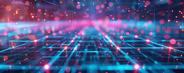 Obraz premium Digital technology illustration with a square grid, crisscrossing lines, and illuminated dots, symbolizing modern tech networks and data flow.