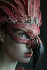 Surreal portrayal of a woman with a flamingo-shaped mask, set against a light gray backdrop,