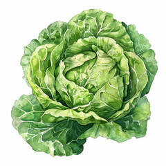 A watercolor illustration of a head of crisp lettuce, featuring detailed leaves in shades of green, isolated on white background.