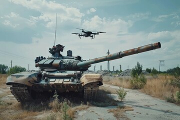 FPV drone flies up to the tank in motion