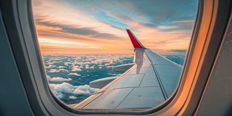 Naklejka premium Airplane Wing View at Sunset