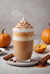  Steaming mug of pumpkin spice latte with whipped cream and cinnamon sprinkle. 