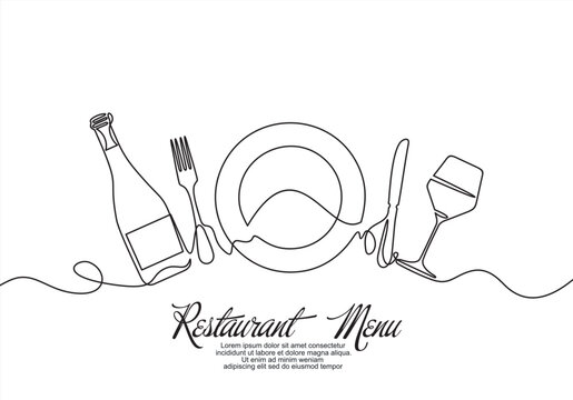 Continuous one line drawing of plate, fork, knife, bottle of wine and glass. Menu food design. Vector illustration.