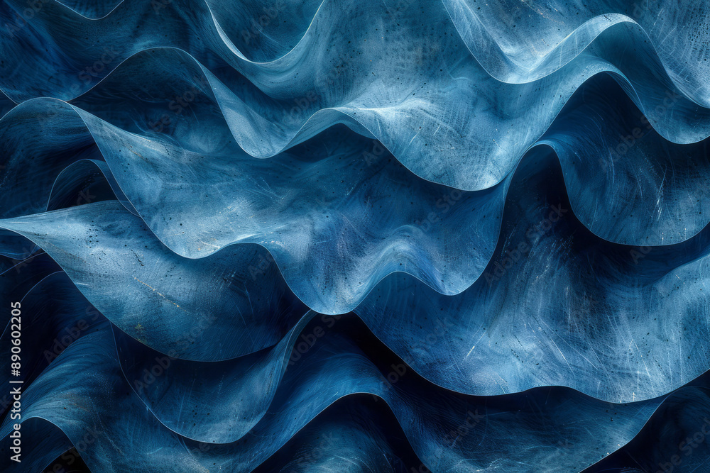 Poster abstract composition of undulating blue strips set against a textured surface, creating a sense of m