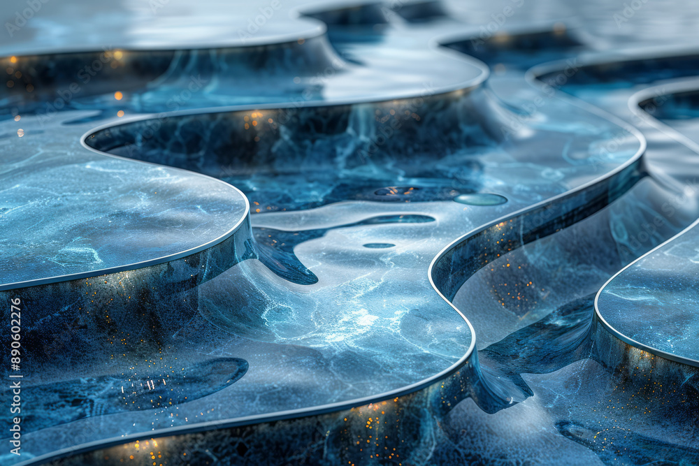 Poster intricate wavy pattern with smooth blue strips meandering across a textured surface, adding depth an