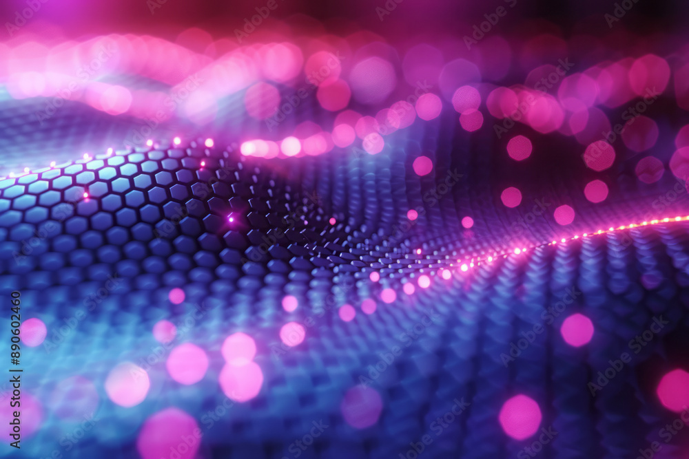Poster intricate pattern with diagonal purple and blue stripes and hexagonal dots, set against a dark backg