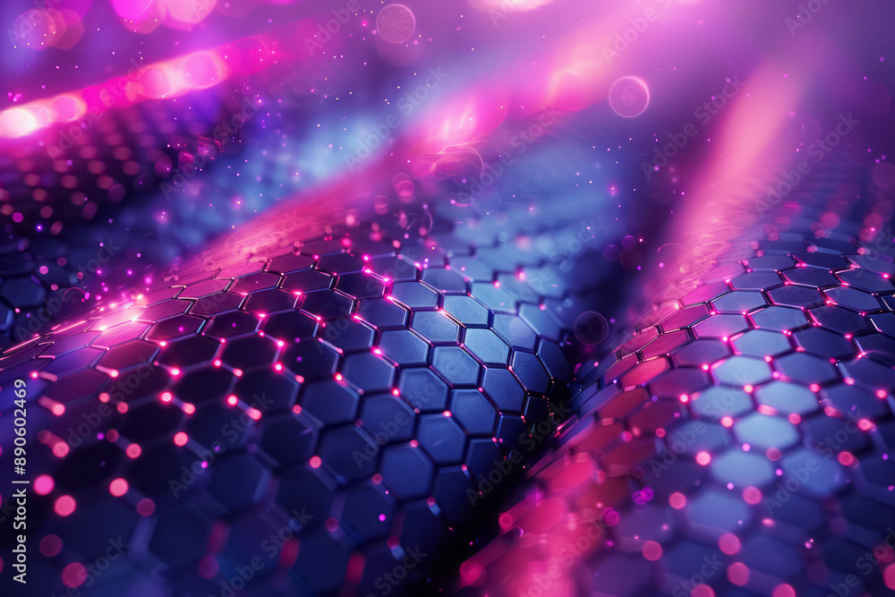 Poster intricate pattern with diagonal purple and blue stripes and hexagonal dots, set against a dark backg