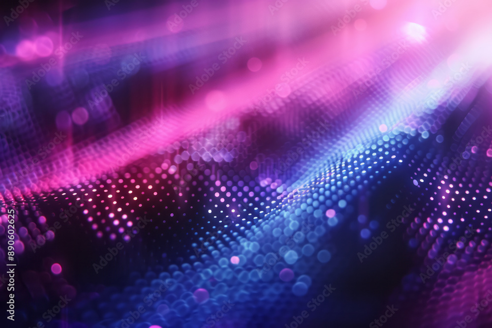 Poster dynamic composition of purple and blue diagonal stripes with hexagonal dots, creating a visually str