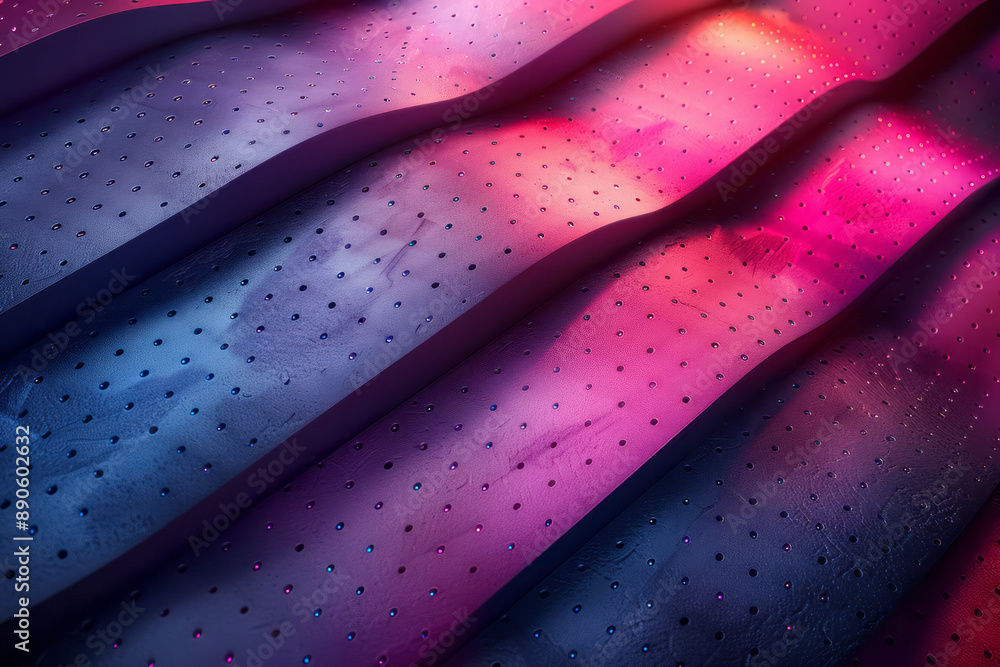 Poster dynamic composition of purple and blue diagonal stripes with hexagonal dots, creating a visually str