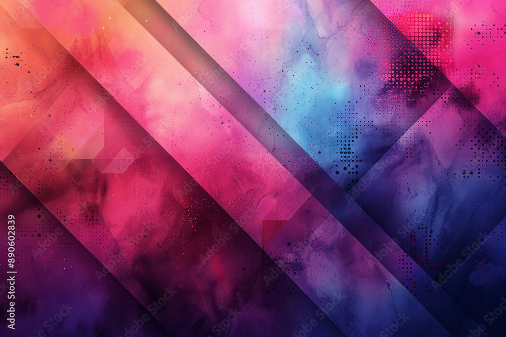 Poster minimalist abstract design with diagonal purple and blue stripes and hexagonal dots forming an intri