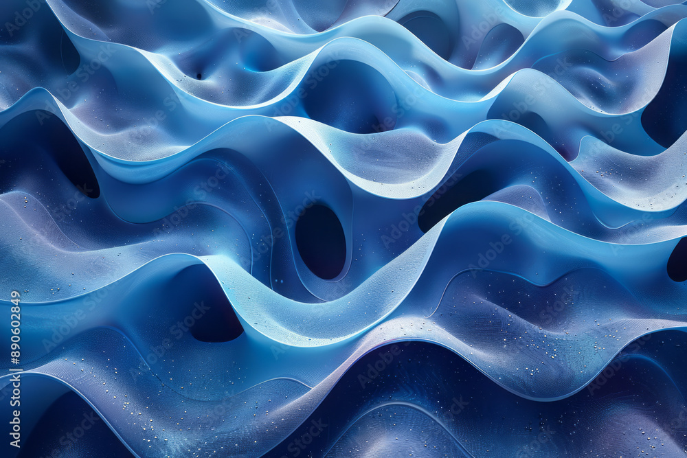 Poster surreal image of wavy blue strips seamlessly blending with a textured surface, forming an intricate 