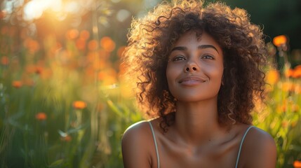 Woman with Curly Hair Smiles in a Field