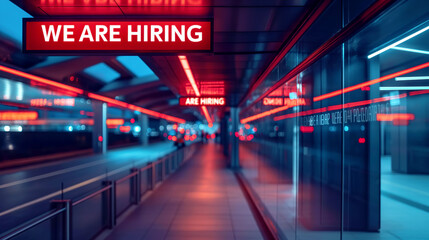 Obraz premium A modern, illuminated sign in a glass corridor displaying the message 'We are hiring'. The background features reflections and soft-focused lights.