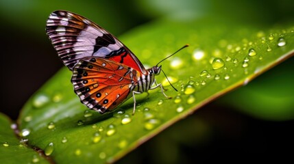 Butterfly on a Dew-Covered Leaf