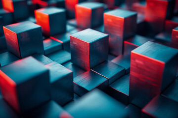 A surreal image of interwoven blue cubes with sharp red highlights, forming an abstract geometric design,