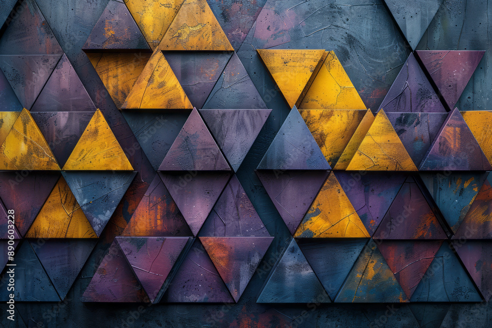 Poster an abstract geometric pattern featuring interlocking purple and yellow triangular and cubic shapes, 