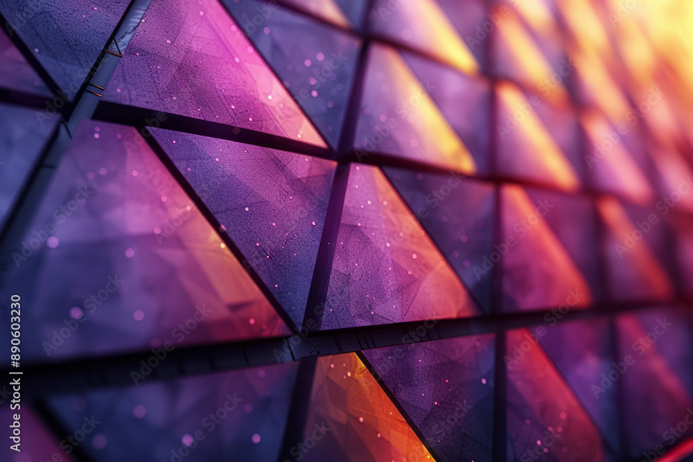 Poster an abstract geometric pattern featuring interlocking purple and yellow triangular and cubic shapes, 