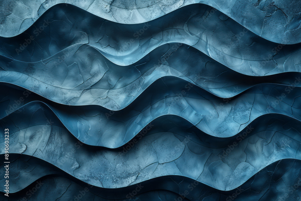 Poster minimalist abstract design featuring flowing blue strips in a wavy pattern on a textured surface, cr