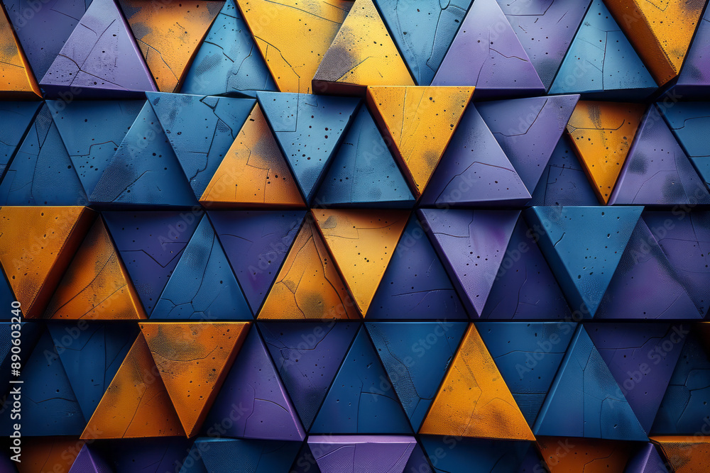 Poster minimalist design with overlapping purple and yellow triangles and cubes forming an intricate geomet
