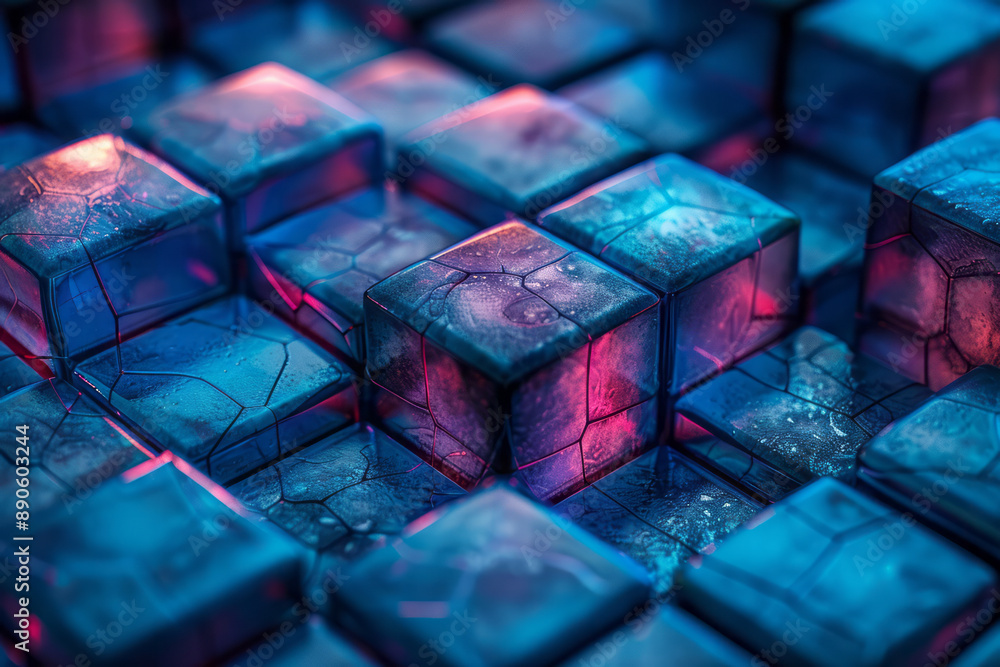 Poster minimalist abstract design featuring blue cubes with subtle red highlights, arranged in a complex pa