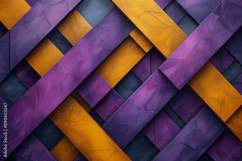 Poster minimalist design with overlapping purple and yellow triangles and cubes forming an intricate geomet
