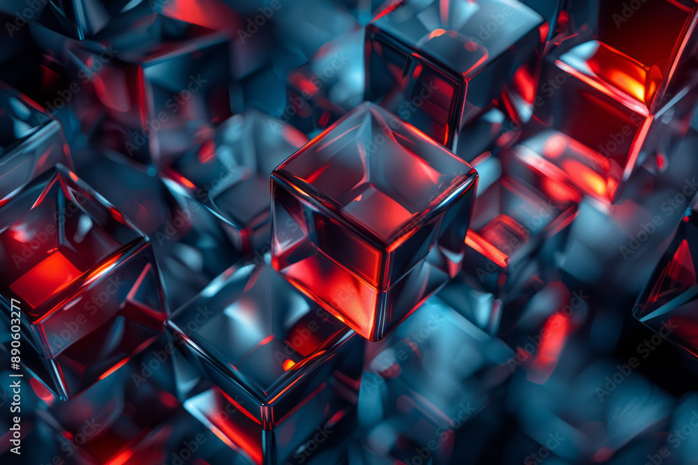 Poster dynamic composition of blue cubes with red highlights, creating a visually striking geometric patter