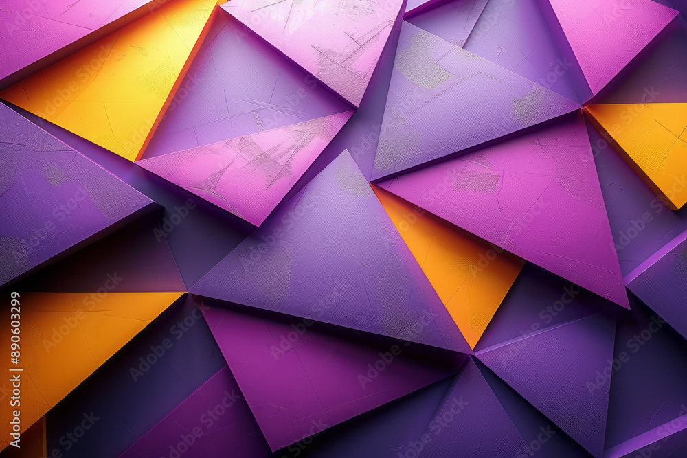 Poster minimalist design with overlapping purple and yellow triangles and cubes forming an intricate geomet