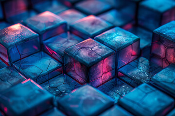 Minimalist abstract design featuring blue cubes with subtle red highlights, arranged in a complex pattern,