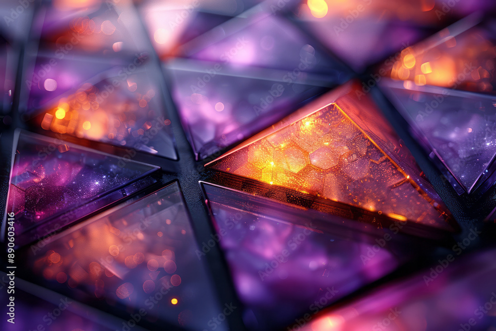 Poster intricate geometric pattern with purple and yellow triangular and cubic shapes, set against a dark b