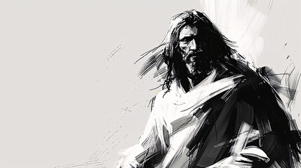 Fototapeta premium A black and white digital illustration of Jesus Christ in a sketchy style, depicting a religious and contemplative atmosphere. Suitable for religious events, Christian art,...