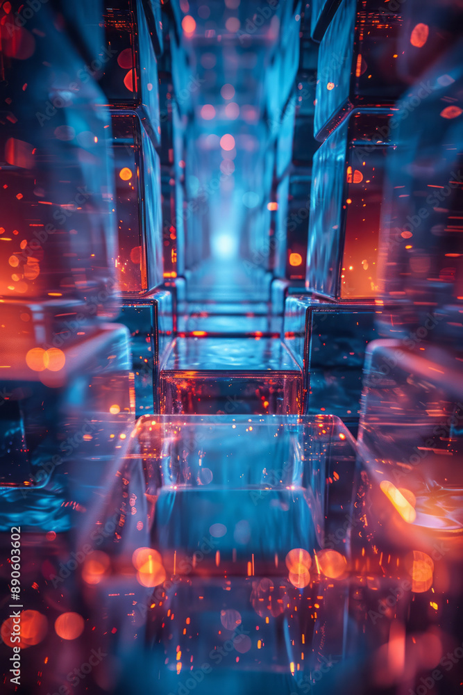 Poster surreal image of blue cubes with glowing red highlights blending into an abstract geometric design,