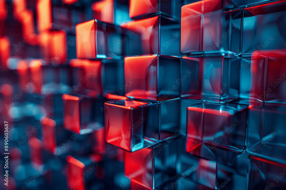 Poster abstract geometric pattern featuring blue cubes with red highlights, creating a balanced and eye-cat