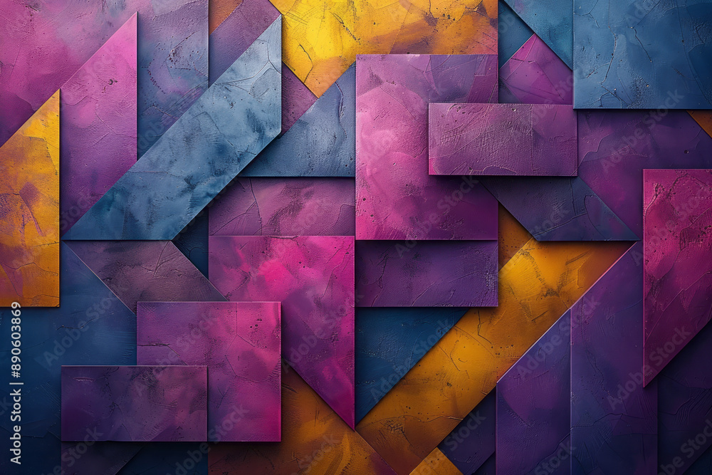 Aufkleber abstract depiction of interlocking purple and yellow triangular and cubic shapes, forming a harmonio