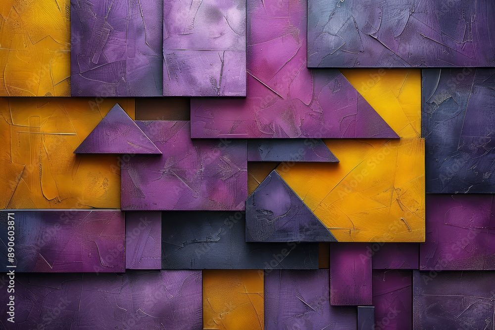 Aufkleber abstract depiction of interlocking purple and yellow triangular and cubic shapes, forming a harmonio