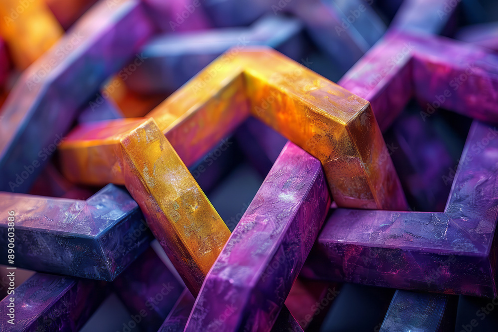 Poster abstract depiction of interlocking purple and yellow triangular and cubic shapes, forming a harmonio
