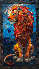 a stained glass art style, mosaic glass design of a lion, landscape of a red panda,fantasy artwork.generative ai