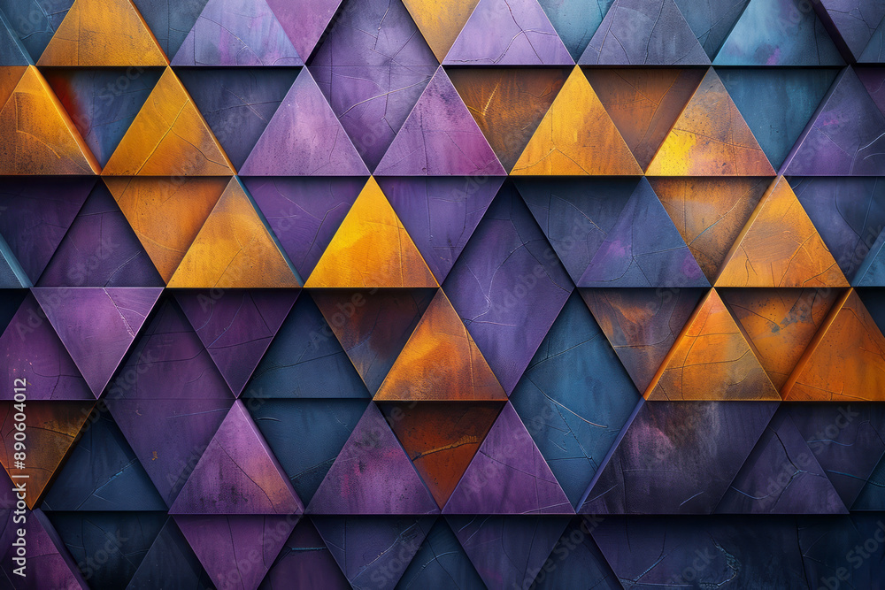 Poster minimalist design with purple and yellow triangular and cubic shapes, creating a unique geometric pa