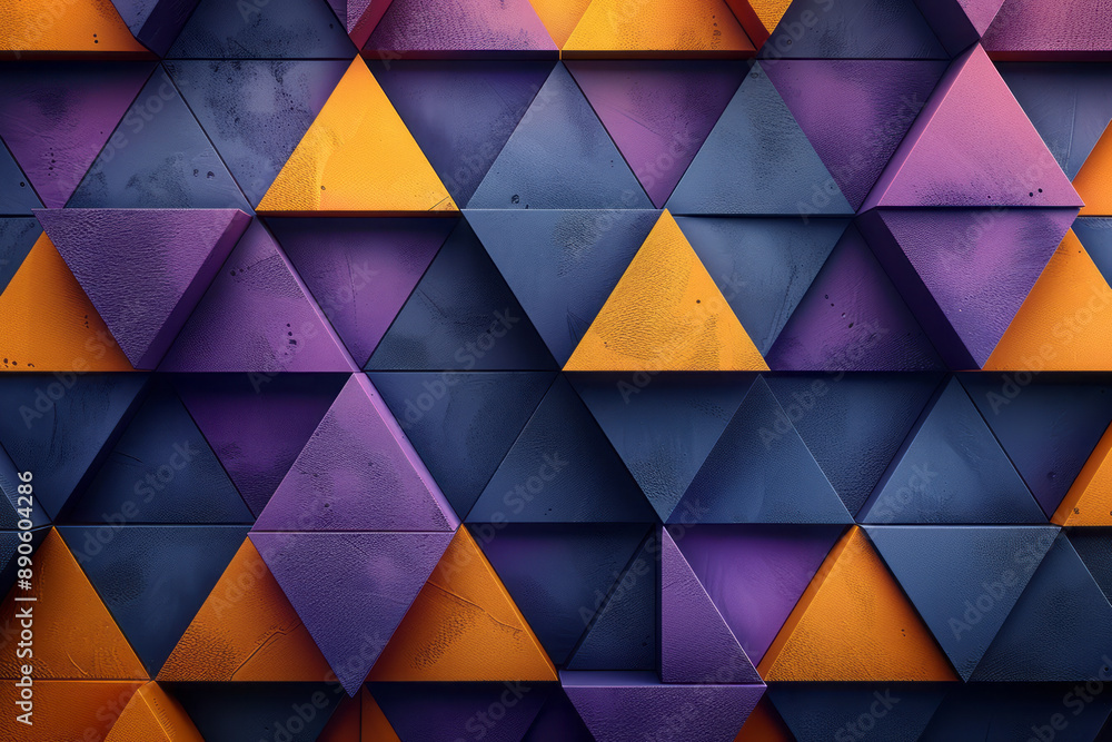 Poster abstract geometric pattern featuring purple and yellow triangular and cubic shapes, creating a balan