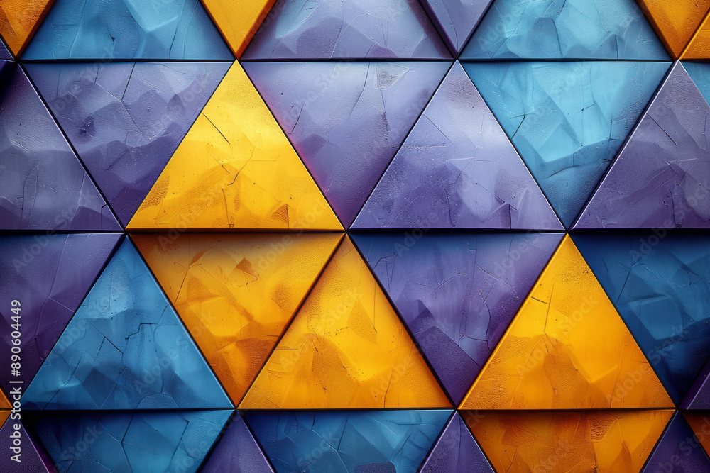 Poster minimalist abstract design with purple and yellow triangles and cubes forming an intricate geometric