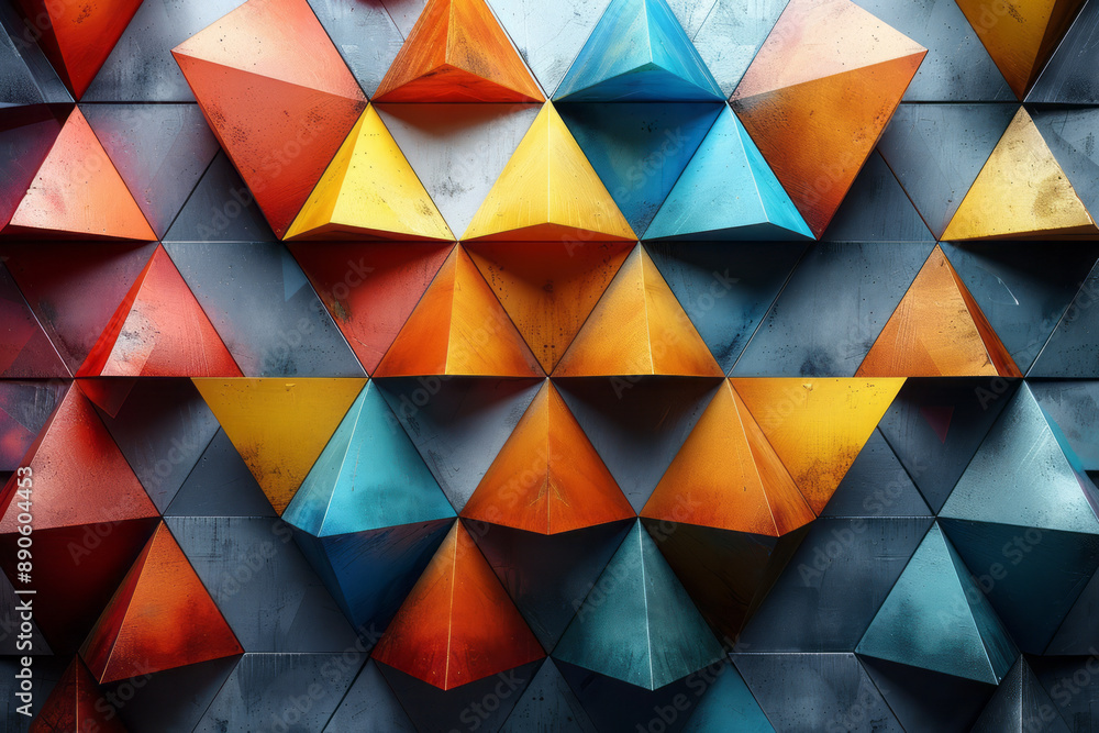 Poster minimalist design with overlapping triangles in various bright colors, forming an intricate geometri