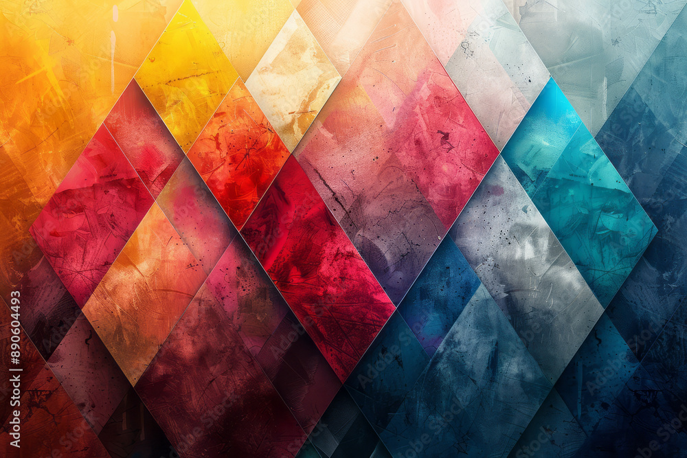 Poster minimalist design with overlapping triangles in various bright colors, forming an intricate geometri