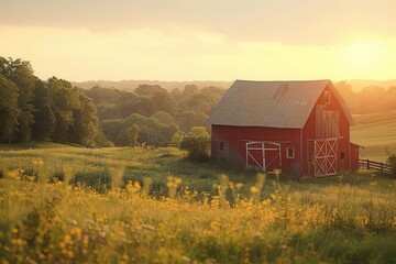 Fototapeta premium A red barn stands alone in a field of wildflowers at sunset. The golden light illuminates the scene.